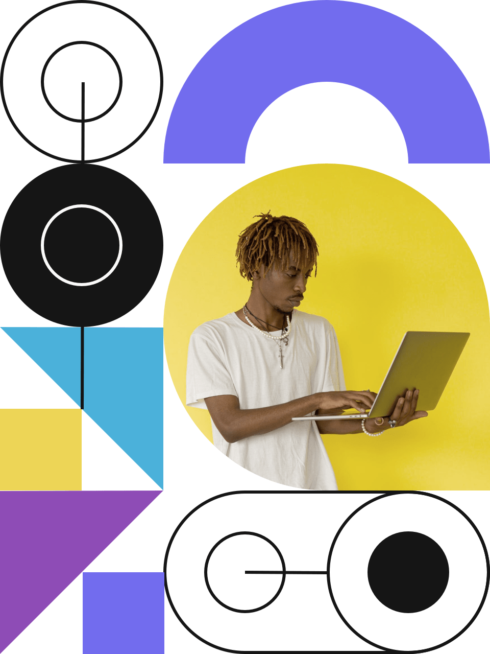 young black man with laptop and geometric shapes